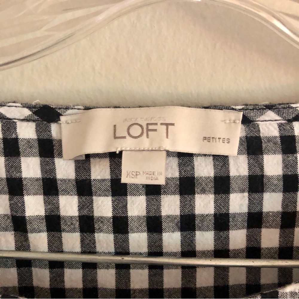 LOFT Petite Black and White Trumpet Sleeve Cold Shoulder Gingham Blouse - Picture 8 of 8
